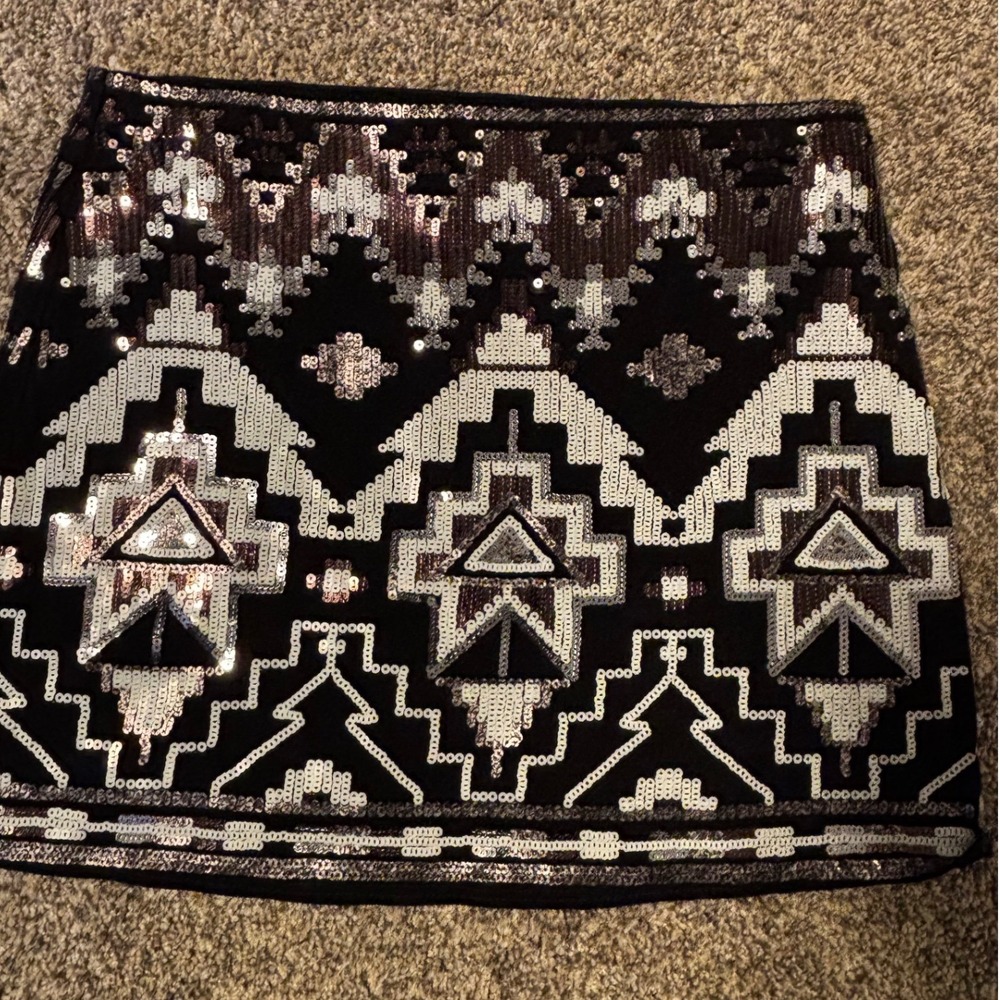 Express Sequin Mini Skirt Black Silver Geometric Tribal Aztec Party Festival XS